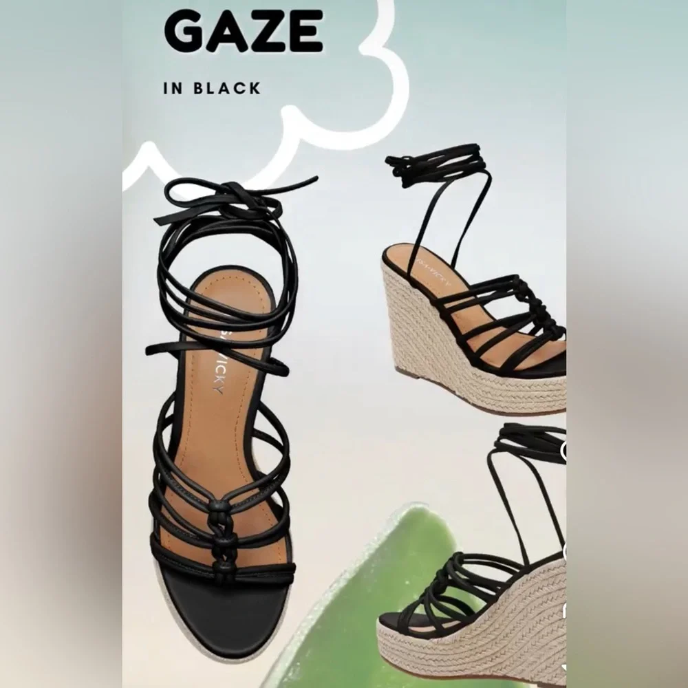 NWT Lisa Vicky Gaze Platform Lace Up Wedge Espadrille in Black Leather - Sz 9.5